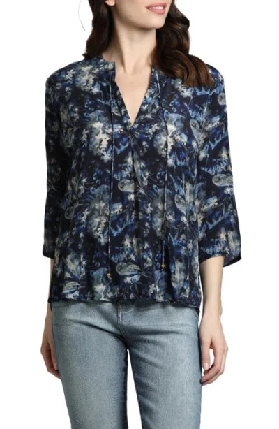 Apny Print Tassel Split Neck Chiffon Top In Navy Blue Multi