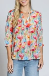 Apny Print Tassel Split Neck Chiffon Top In Pink/coral Multi