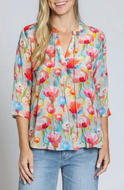 Apny Print Tassel Split Neck Chiffon Top In Multi