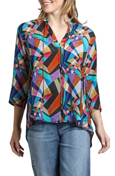 Apny Print Tassel Split Neck Chiffon Top In Rust Multi