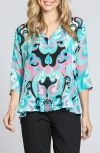 Apny Print Tassel Split Neck Chiffon Top In Blue