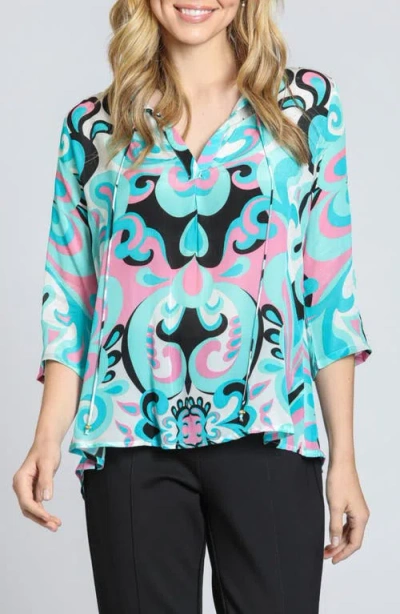 Apny Print Tassel Split Neck Chiffon Top In Blue
