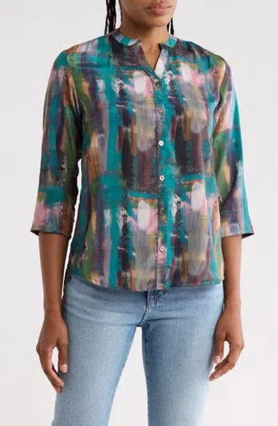 Apny Print Three-quarter Sleeve Button-up Shirt In Blue Multi