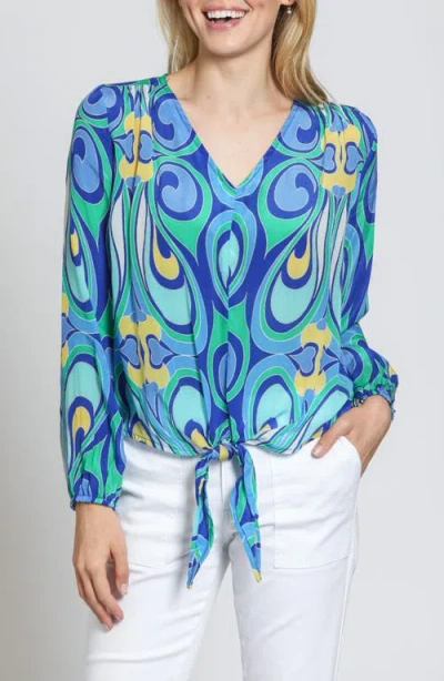 Apny Print Tie Front Top In Blue
