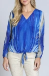 Apny Print Tie Front Top In Blue Multi