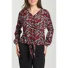 Apny Print Tie Front Top In Burgundy