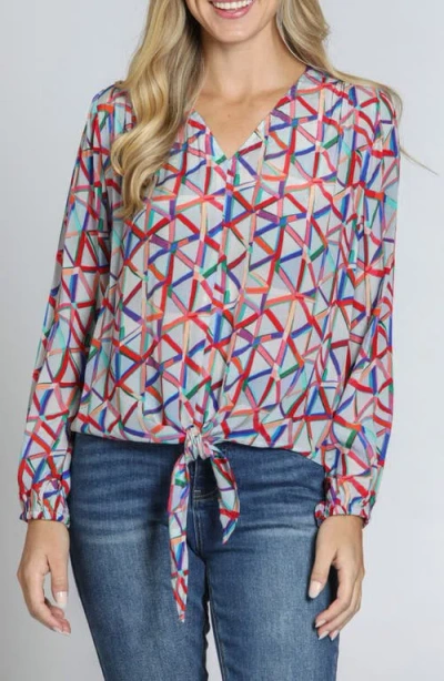 Apny Print Tie Front Top In Grey Multi