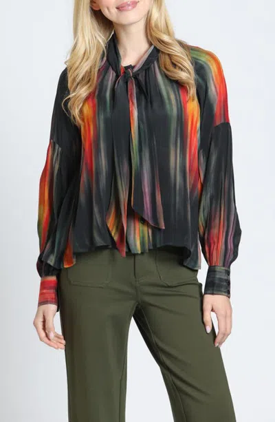 Apny Print Tie Neck Top In Black