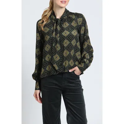 Apny Print Tie Neck Top In Black