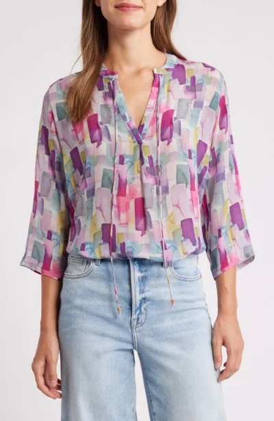 Apny Print Tie Neck Top In Purple Multi