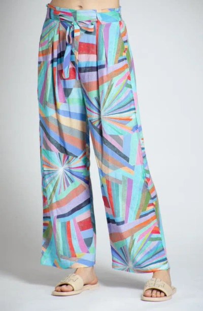 Apny Print Tie Waist Crop Wide Leg Trousers In Blue Multi