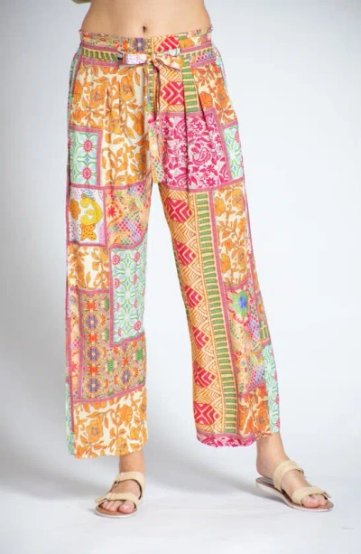 Apny Print Tie Waist Crop Wide Leg Trousers In Yellow Multi