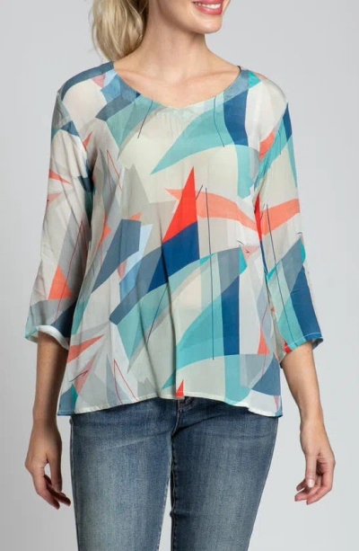 Apny Print V-neck Three-quarter-sleeve Chiffon Top In Green Multi