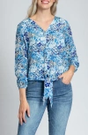 Apny Print V-neck Tie Front Chiffon Top In Blue Multi