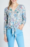 APNY PRINT V-NECK TIE FRONT CHIFFON TOP