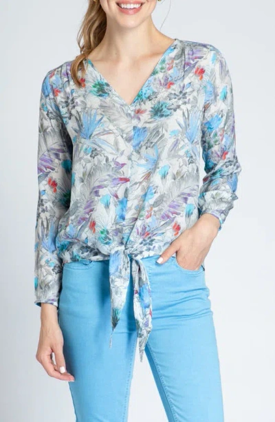 Apny Print V-neck Tie Front Chiffon Top In Grey Multi