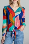 APNY PRINT V-NECK TIE FRONT CHIFFON TOP