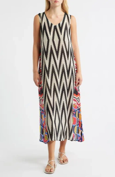 Apny Print V-neck Sleeveless Chiffon Midi Dress In White/black Multi