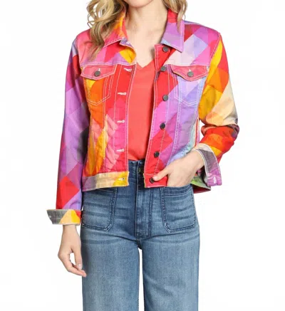 Apny Printed Denim Jacket In Pink/orange Multi