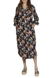 Apny Printed Long Sleeve Cotton Shirtdress In Black Multi