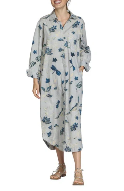 Apny Printed Long Sleeve Cotton Shirtdress In Grey Multi