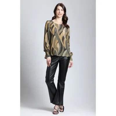 Apny Printed Smocked Cuff Top In Beige Multi