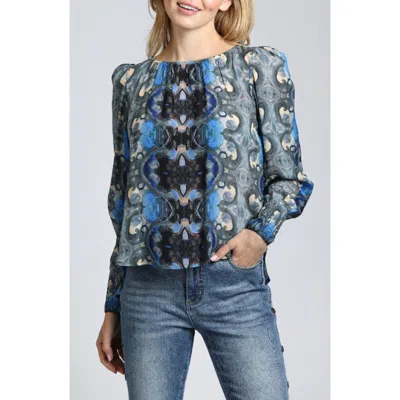 Apny Printed Smocked Cuff Top In Blue Multi