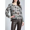 Apny Printed Smocked Cuff Top In Brown Multi
