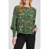 Apny Printed Smocked Cuff Top In Green
