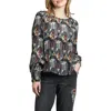 Apny Printed Smocked Cuff Top In Grey Multi