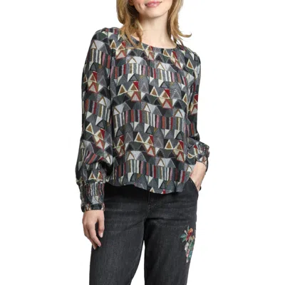 Apny Printed Smocked Cuff Top In Grey Multi