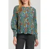 Apny Printed Smocked Cuff Top In Multi