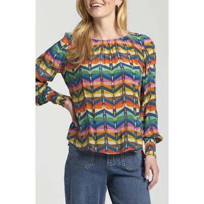Apny Printed Smocked Cuff Top In Navy Multi