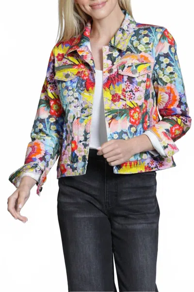 Apny Printed Stretch Denim Trucker Jacket In Painted Meadow In Multi