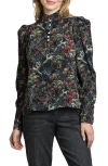 Apny Puff Shoulder Button Front Top In Black/green Multi