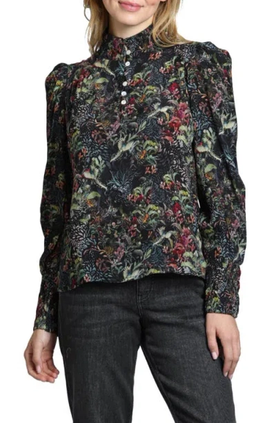Apny Puff Shoulder Button Front Top In Black/green Multi