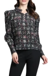 Apny Puff Shoulder Button Front Top In Black/white Multi