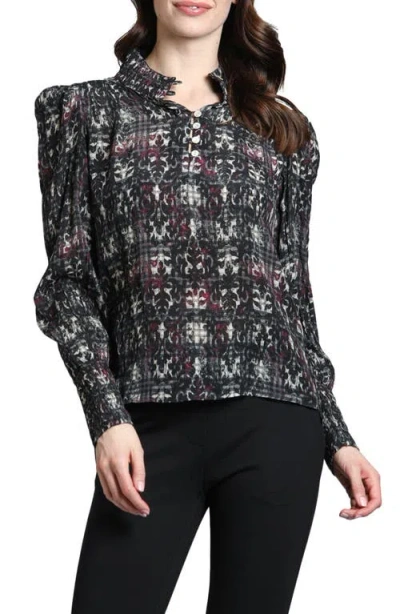 Apny Puff Shoulder Button Front Top In Black/white Multi