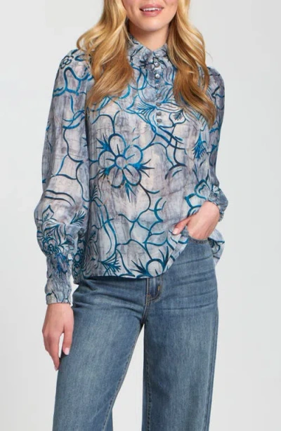 Apny Puff Shoulder Button Front Top In Blue
