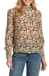 Apny Puff Shoulder Button Front Top In Brown