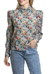 Apny Puff Shoulder Button Front Top In Grey Multi