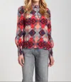 Apny Puff Shoulder Button Front Top In Red In Multi