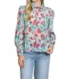 Apny Puff Sleeve Blouse With Ruched Detail In Turquoise Multi In Green