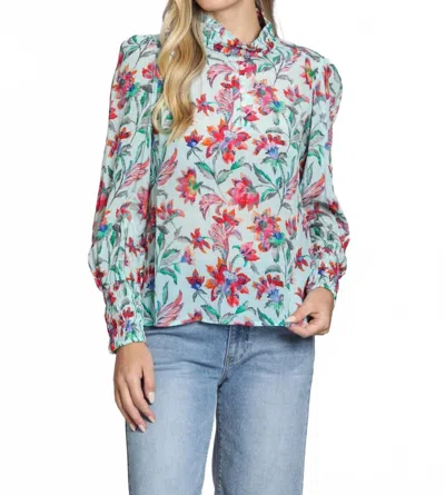 APNY PUFF SLEEVE BLOUSE WITH RUCHED DETAIL IN TURQUOISE MULTI