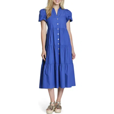 Apny Puff Sleeve Tiered Cotton Midi Dress In Blue