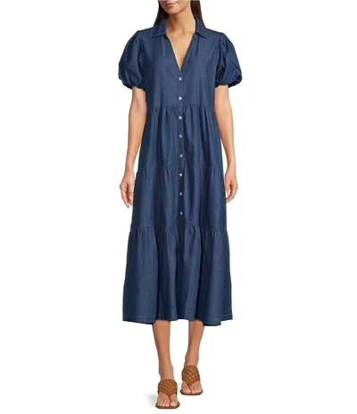 Apny Puff Sleeve Tiered Denim Dress In Medium Indigo In Blue