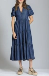 Apny Puff Sleeve Tiered Denim Maxi Dress In Dark Indigo