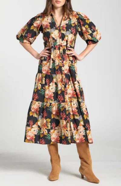Apny Puff Sleeve Tiered Shirtdress In Multi