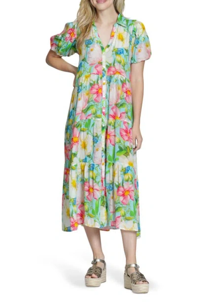 Apny Puff Sleeve Tiered Shirtdress In Multi