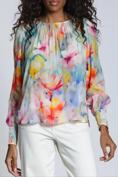 Apny Pullover Blouse With Smocked Cuff In Yellow/pink In Multi
